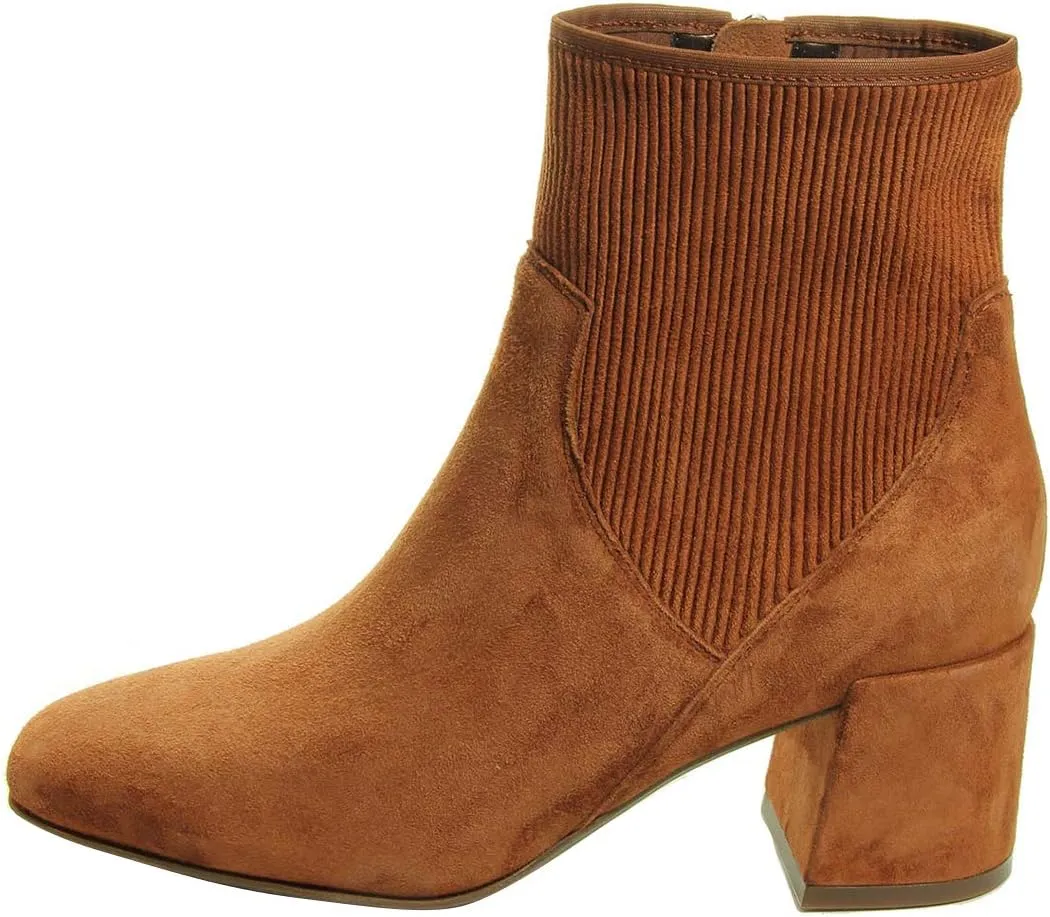FSJ Women Classic Round Toe Mid Chunky Block Heel Chelsea Ankle Boots Fashion Winter Booties With Side Zipper Suede Formal Casual Dress Shoes Size 4-15 US