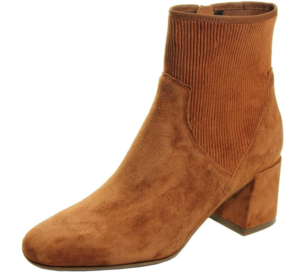 FSJ Women Classic Round Toe Mid Chunky Block Heel Chelsea Ankle Boots Fashion Winter Booties With Side Zipper Suede Formal Casual Dress Shoes Size 4-15 US