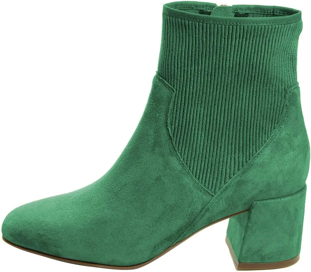 FSJ Women Classic Round Toe Mid Chunky Block Heel Chelsea Ankle Boots Fashion Winter Booties With Side Zipper Suede Formal Casual Dress Shoes Size 4-15 US