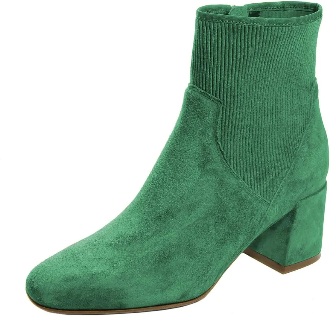 FSJ Women Classic Round Toe Mid Chunky Block Heel Chelsea Ankle Boots Fashion Winter Booties With Side Zipper Suede Formal Casual Dress Shoes Size 4-15 US