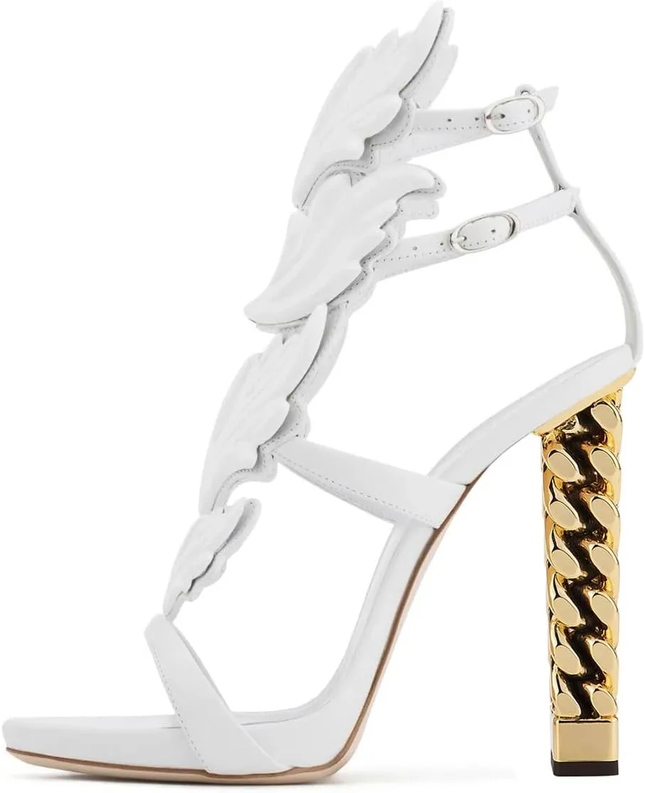 FSJ Women Gold Metal Chain Thick High Heel Sandals Open Toe Strappy Ankle Buckle Strap Slingback Ladies Summer Shoes Size 4-15 US