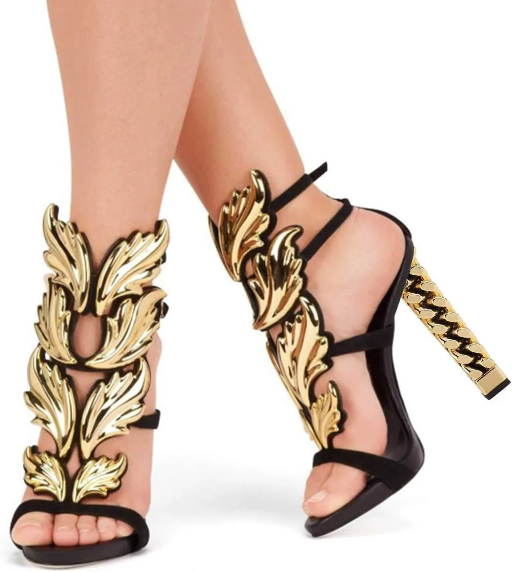 FSJ Women Gold Metal Chain Thick High Heel Sandals Open Toe Strappy Ankle Buckle Strap Slingback Ladies Summer Shoes Size 4-15 US