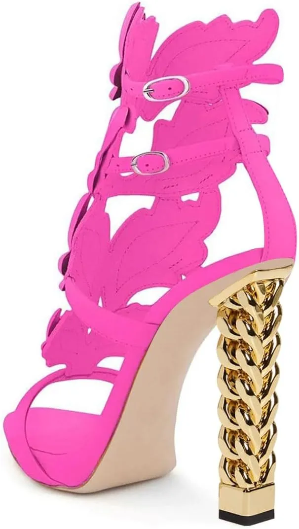 FSJ Women Gold Metal Chain Thick High Heel Sandals Open Toe Strappy Ankle Buckle Strap Slingback Ladies Summer Shoes Size 4-15 US
