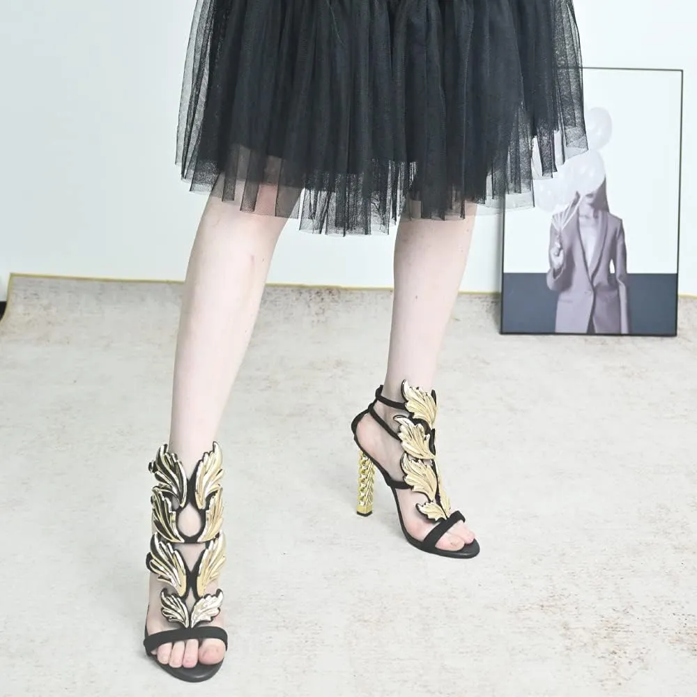 FSJ Women Gold Metal Chain Thick High Heel Sandals Open Toe Strappy Ankle Buckle Strap Slingback Ladies Summer Shoes Size 4-15 US