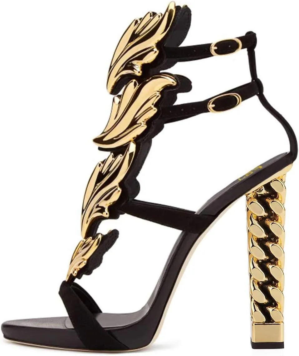 FSJ Women Gold Metal Chain Thick High Heel Sandals Open Toe Strappy Ankle Buckle Strap Slingback Ladies Summer Shoes Size 4-15 US