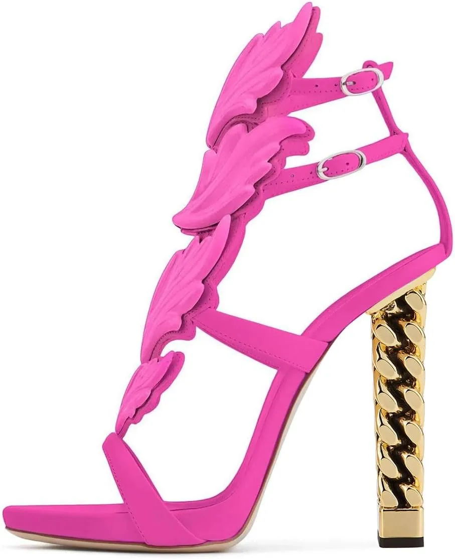 FSJ Women Gold Metal Chain Thick High Heel Sandals Open Toe Strappy Ankle Buckle Strap Slingback Ladies Summer Shoes Size 4-15 US