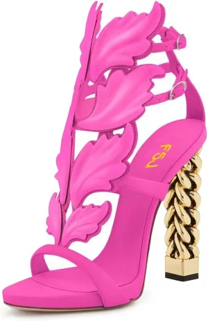 FSJ Women Gold Metal Chain Thick High Heel Sandals Open Toe Strappy Ankle Buckle Strap Slingback Ladies Summer Shoes Size 4-15 US