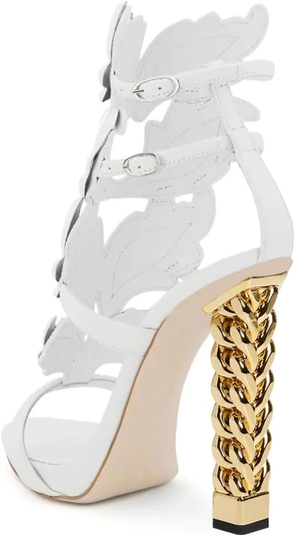 FSJ Women Gold Metal Chain Thick High Heel Sandals Open Toe Strappy Ankle Buckle Strap Slingback Ladies Summer Shoes Size 4-15 US