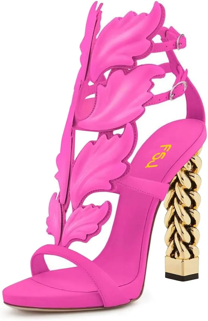 FSJ Women Gold Metal Chain Thick High Heel Sandals Open Toe Strappy Ankle Buckle Strap Slingback Ladies Summer Shoes Size 4-15 US
