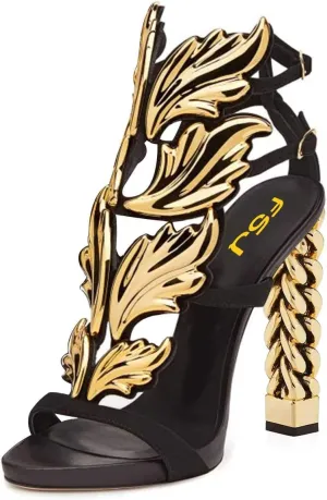 FSJ Women Gold Metal Chain Thick High Heel Sandals Open Toe Strappy Ankle Buckle Strap Slingback Ladies Summer Shoes Size 4-15 US