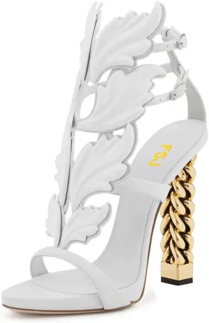 FSJ Women Gold Metal Chain Thick High Heel Sandals Open Toe Strappy Ankle Buckle Strap Slingback Ladies Summer Shoes Size 4-15 US
