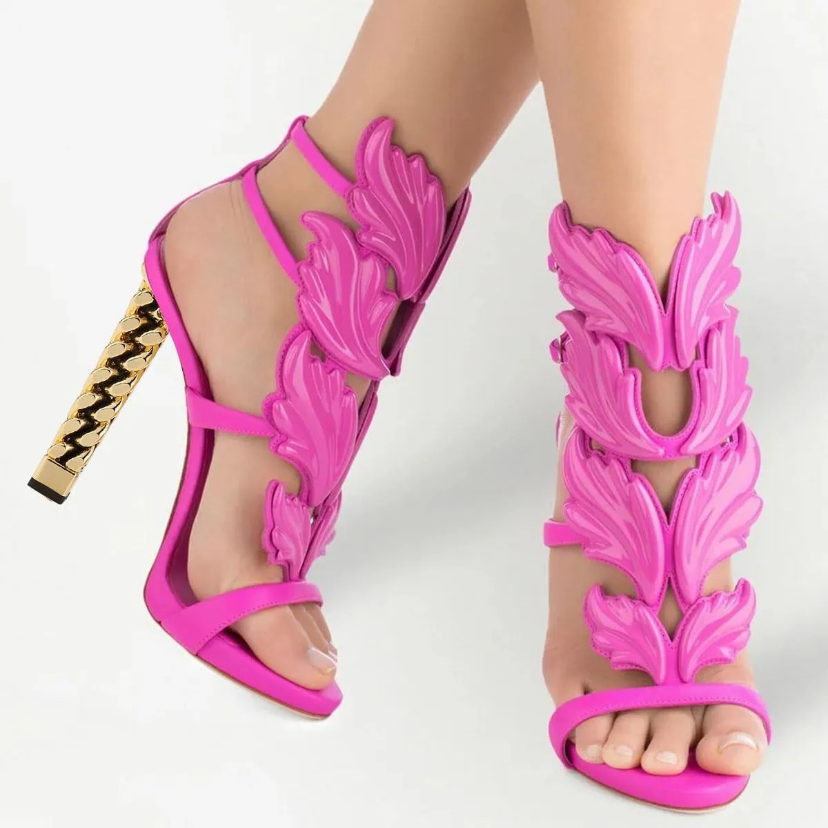 FSJ Women Gold Metal Chain Thick High Heel Sandals Open Toe Strappy Ankle Buckle Strap Slingback Ladies Summer Shoes Size 4-15 US