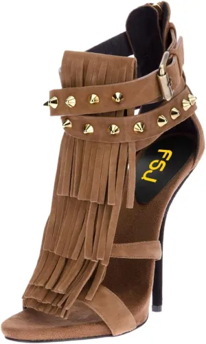 FSJ Women Tassels Gladiator Heeled Sandals Open Toe Stiletto High Heel Fringed Rivets Ankle Strap Back Zipper Shoes Size 4-15 US