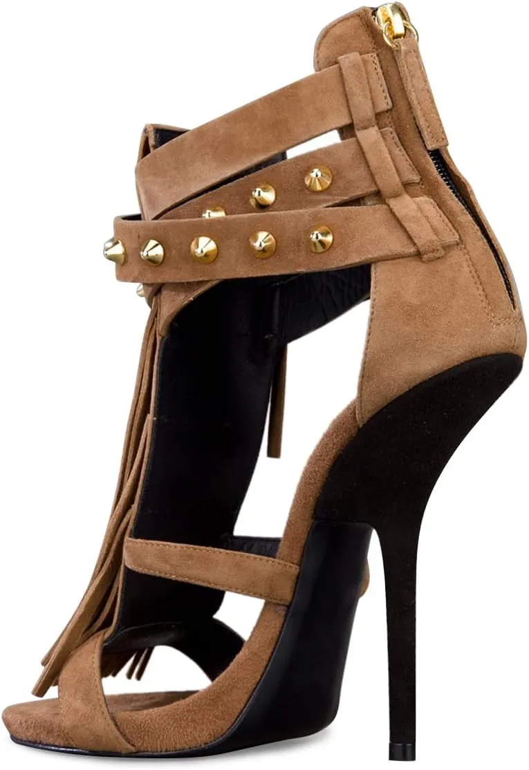 FSJ Women Tassels Gladiator Heeled Sandals Open Toe Stiletto High Heel Fringed Rivets Ankle Strap Back Zipper Shoes Size 4-15 US