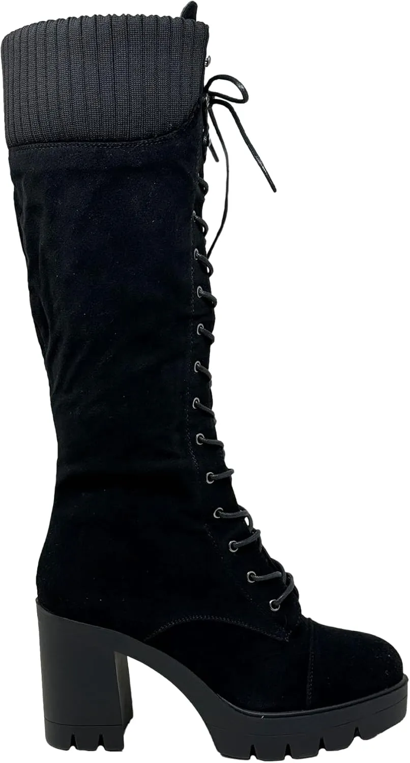 Generation Y Women's Knee High Combat Boots Lace Up Chunky Heel Knitted Cuff Zipper Closure