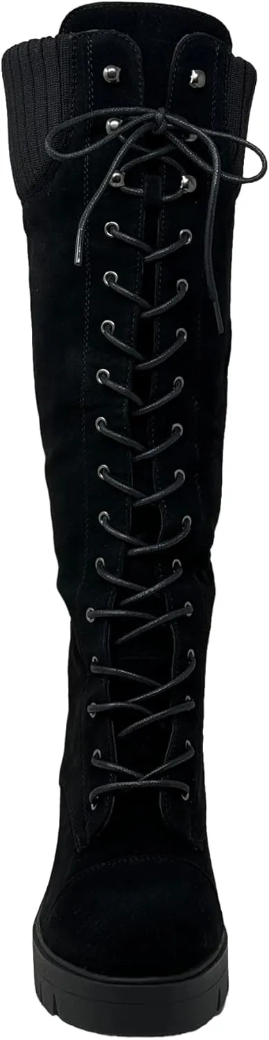 Generation Y Women's Knee High Combat Boots Lace Up Chunky Heel Knitted Cuff Zipper Closure