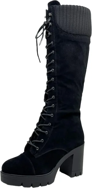 Generation Y Women's Knee High Combat Boots Lace Up Chunky Heel Knitted Cuff Zipper Closure