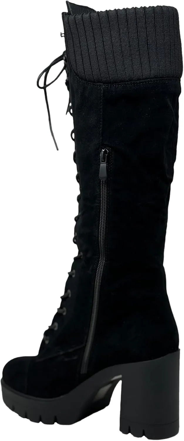 Generation Y Women's Knee High Combat Boots Lace Up Chunky Heel Knitted Cuff Zipper Closure
