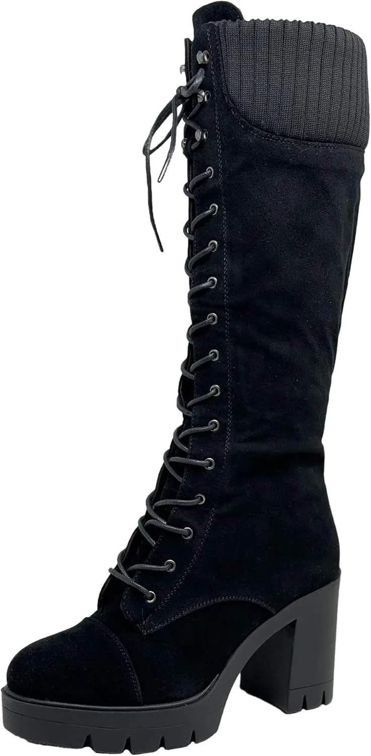 Generation Y Women's Knee High Combat Boots Lace Up Chunky Heel Knitted Cuff Zipper Closure