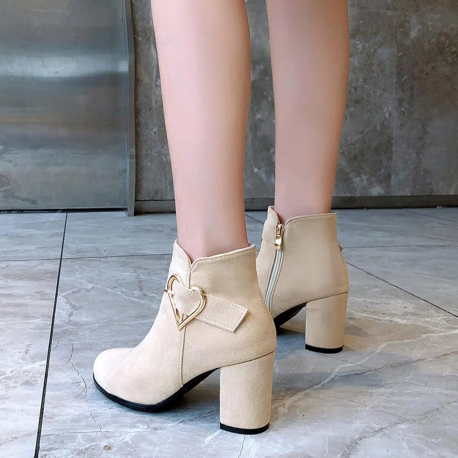 Gicoiz Women Round Toe Block High Heel Chelsea Ankle Boots Dress