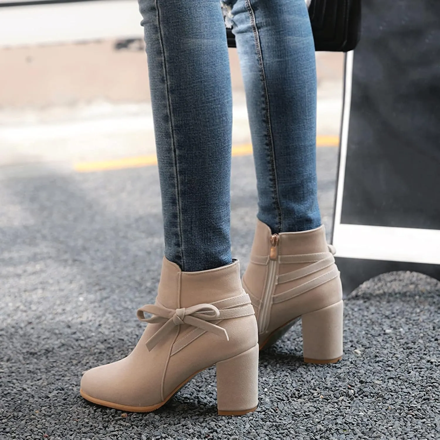 Gicoiz Women Round Toe Block High Heel Chelsea Ankle Boots Dress