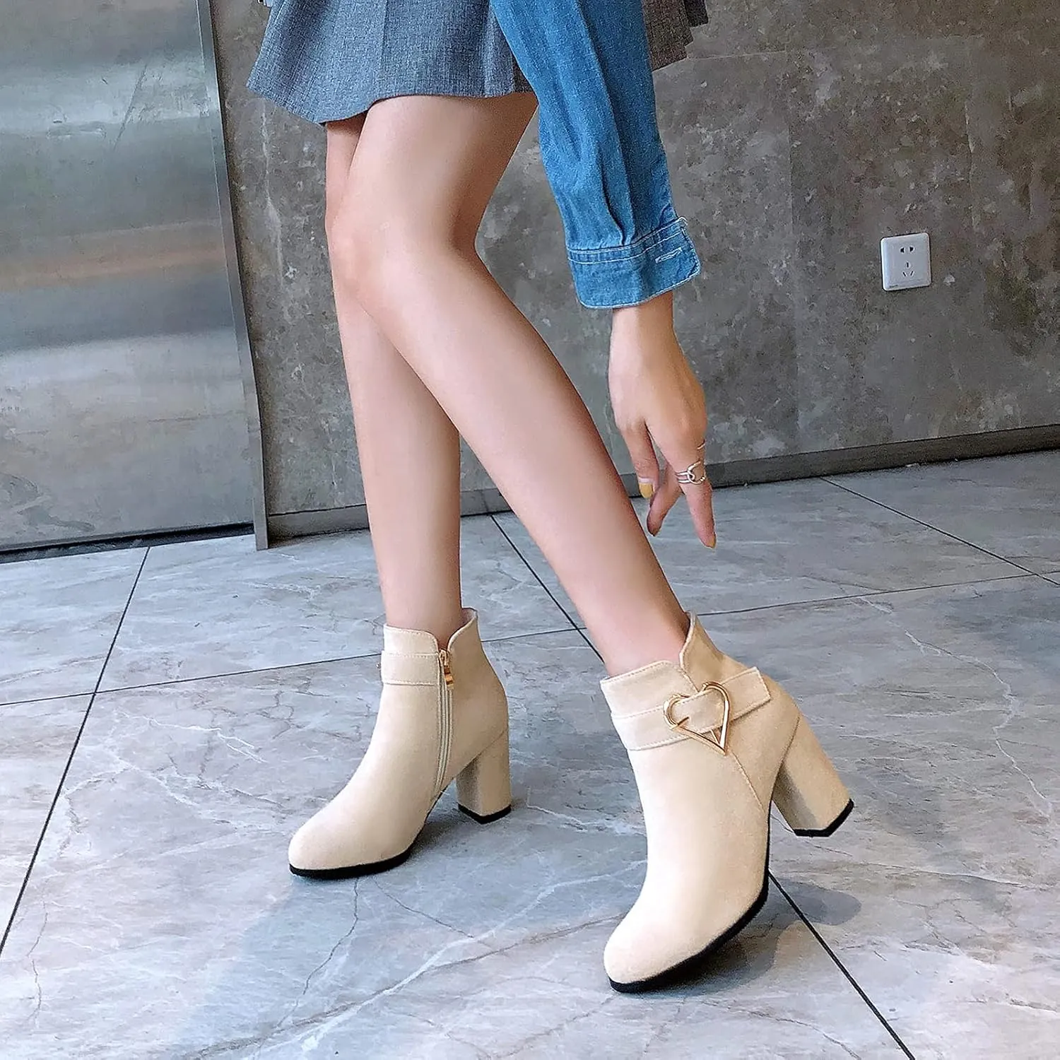 Gicoiz Women Round Toe Block High Heel Chelsea Ankle Boots Dress