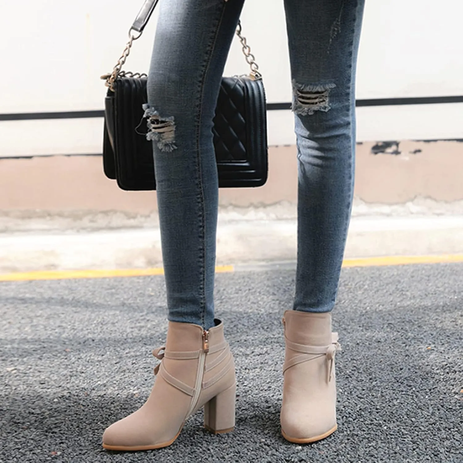 Gicoiz Women Round Toe Block High Heel Chelsea Ankle Boots Dress