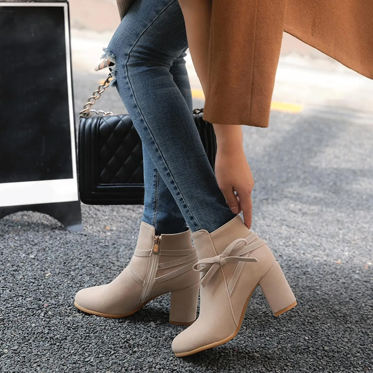 Gicoiz Women Round Toe Block High Heel Chelsea Ankle Boots Dress
