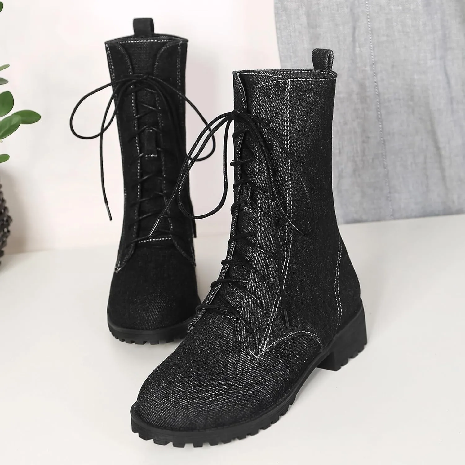 Gicoiz Women Round Toe Mid Calf Combat Boots Lace Up