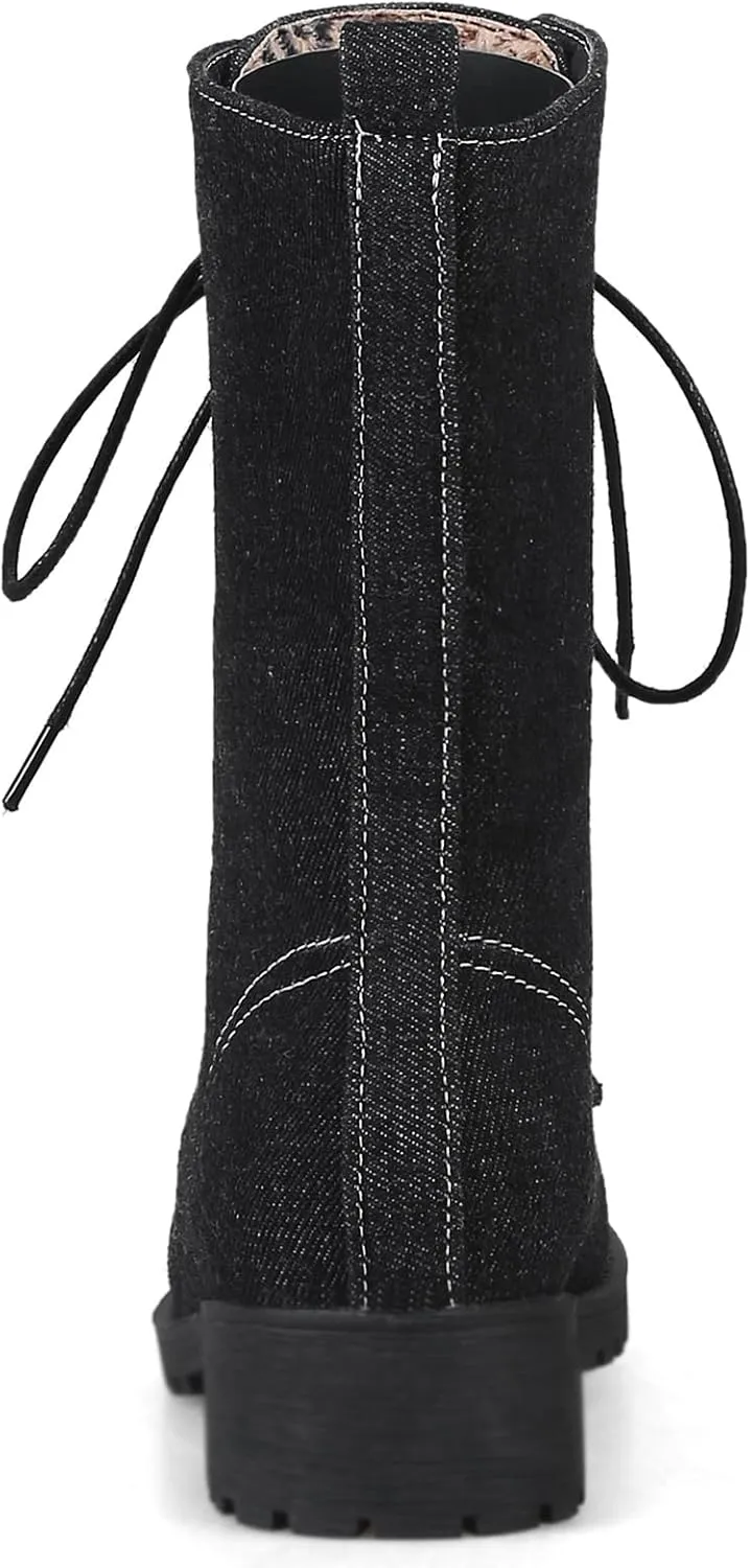 Gicoiz Women Round Toe Mid Calf Combat Boots Lace Up