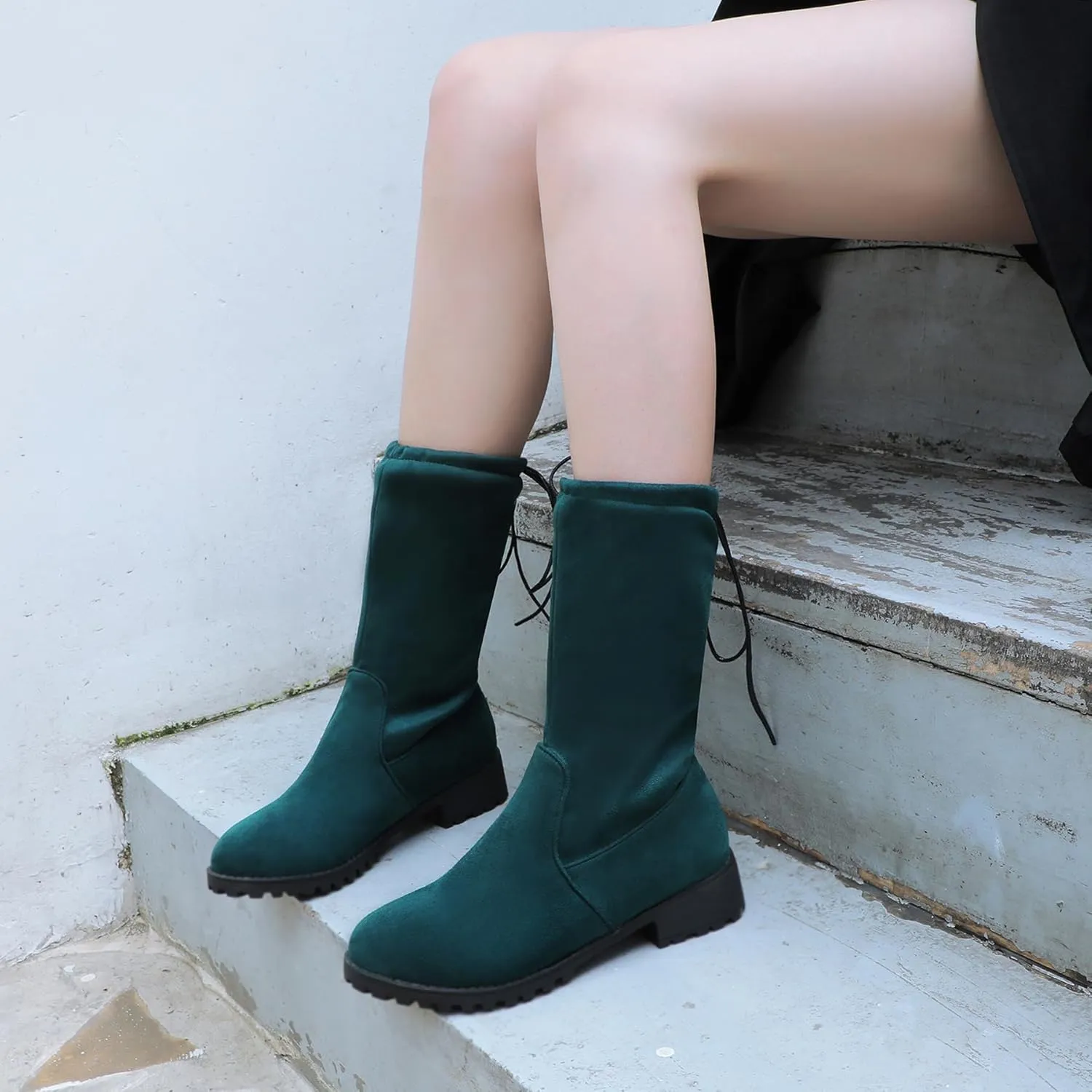 Gicoiz Women Round Toe Mid Calf Combat Boots Lace Up