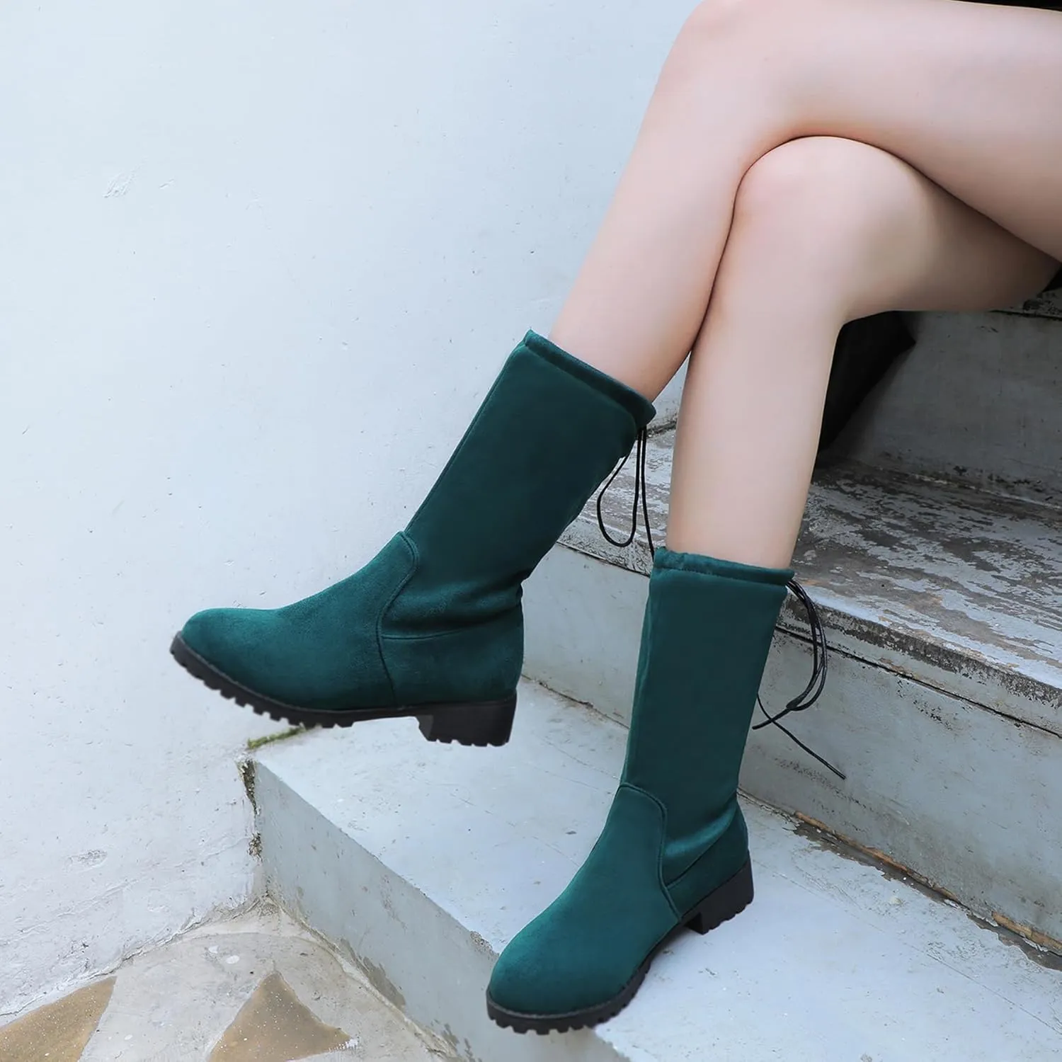 Gicoiz Women Round Toe Mid Calf Combat Boots Lace Up