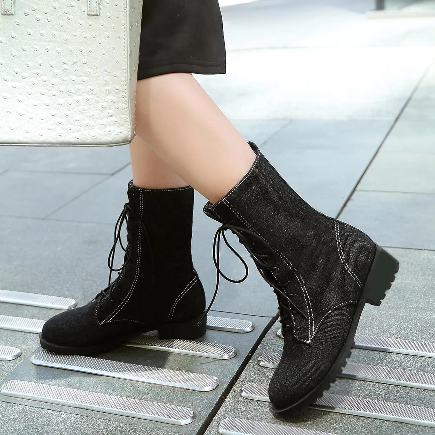 Gicoiz Women Round Toe Mid Calf Combat Boots Lace Up