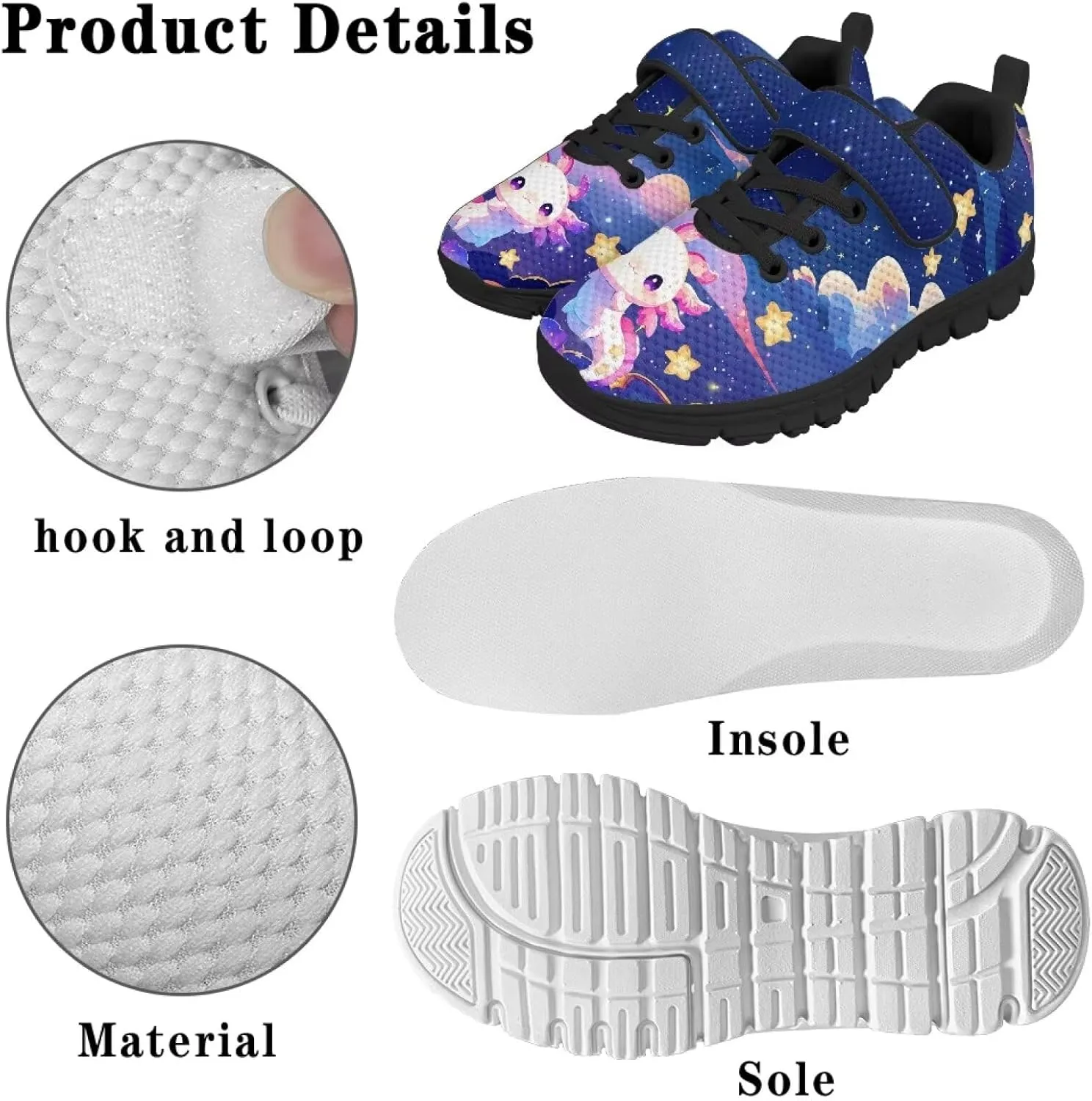 Girls Running Shoes with Hook and Loop Cute Print Kids Tennis Shoes for Outdoor Activities