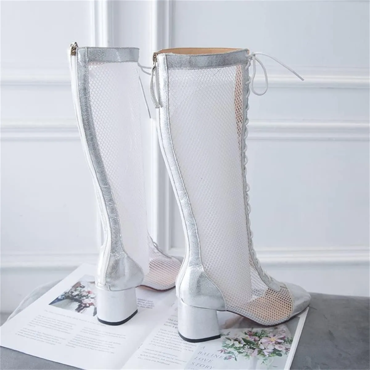 Goolita Square Toe Lace Up Mesh Gladiator Sandals For Women Knee High Summer Booties Back Zipper Block Low Heel Sandals Boots