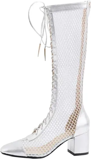Goolita Square Toe Lace Up Mesh Gladiator Sandals For Women Knee High Summer Booties Back Zipper Block Low Heel Sandals Boots