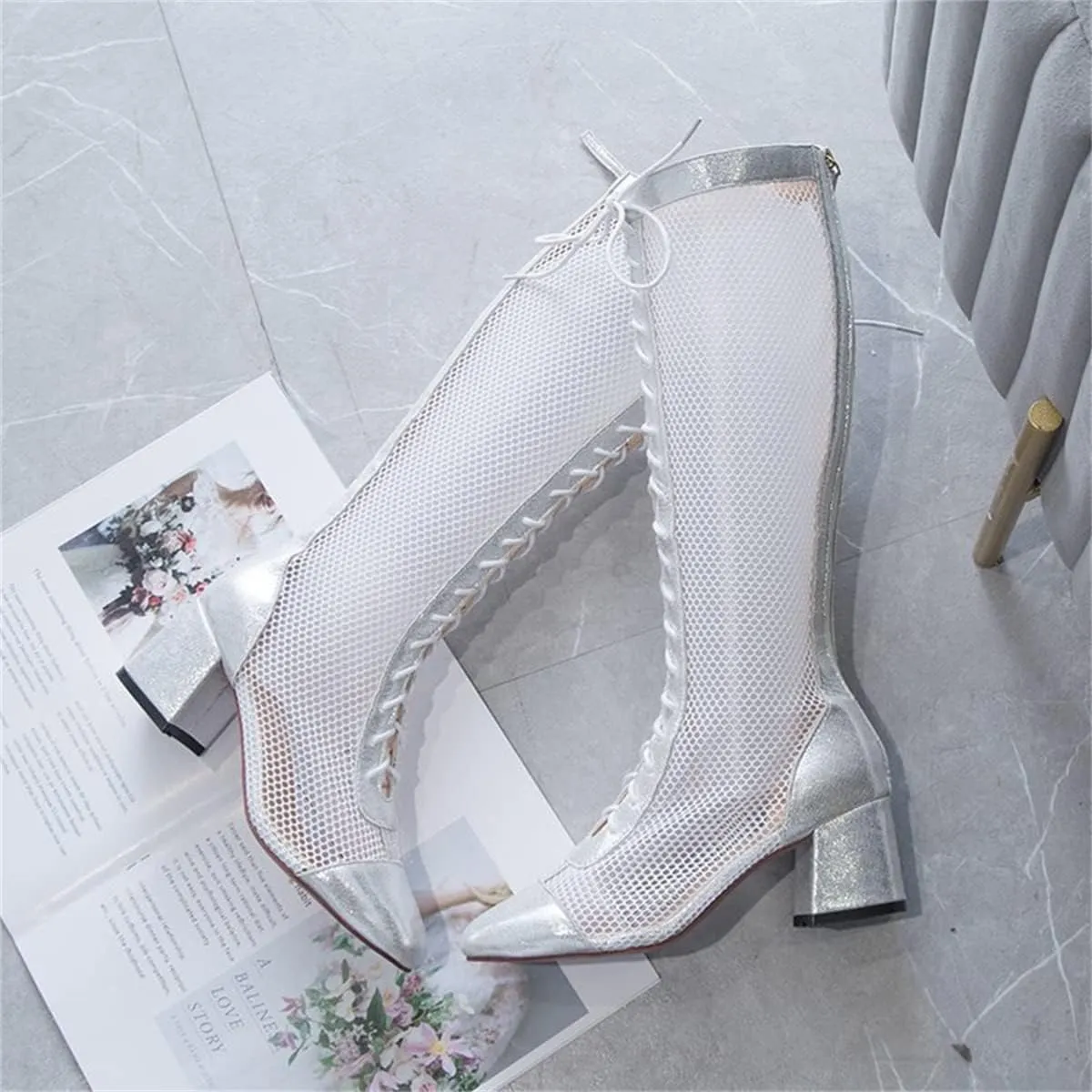 Goolita Square Toe Lace Up Mesh Gladiator Sandals For Women Knee High Summer Booties Back Zipper Block Low Heel Sandals Boots