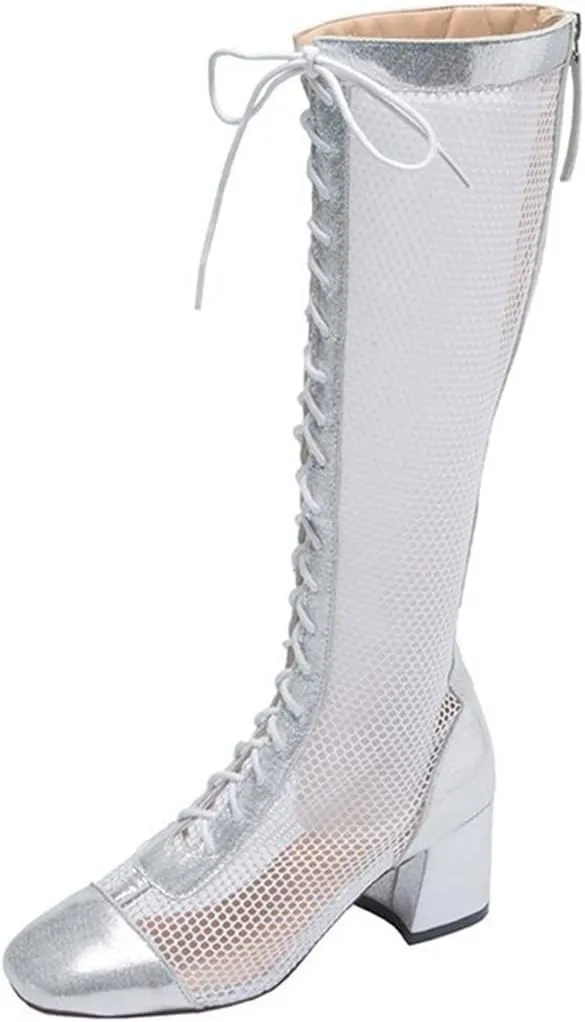 Goolita Square Toe Lace Up Mesh Gladiator Sandals For Women Knee High Summer Booties Back Zipper Block Low Heel Sandals Boots
