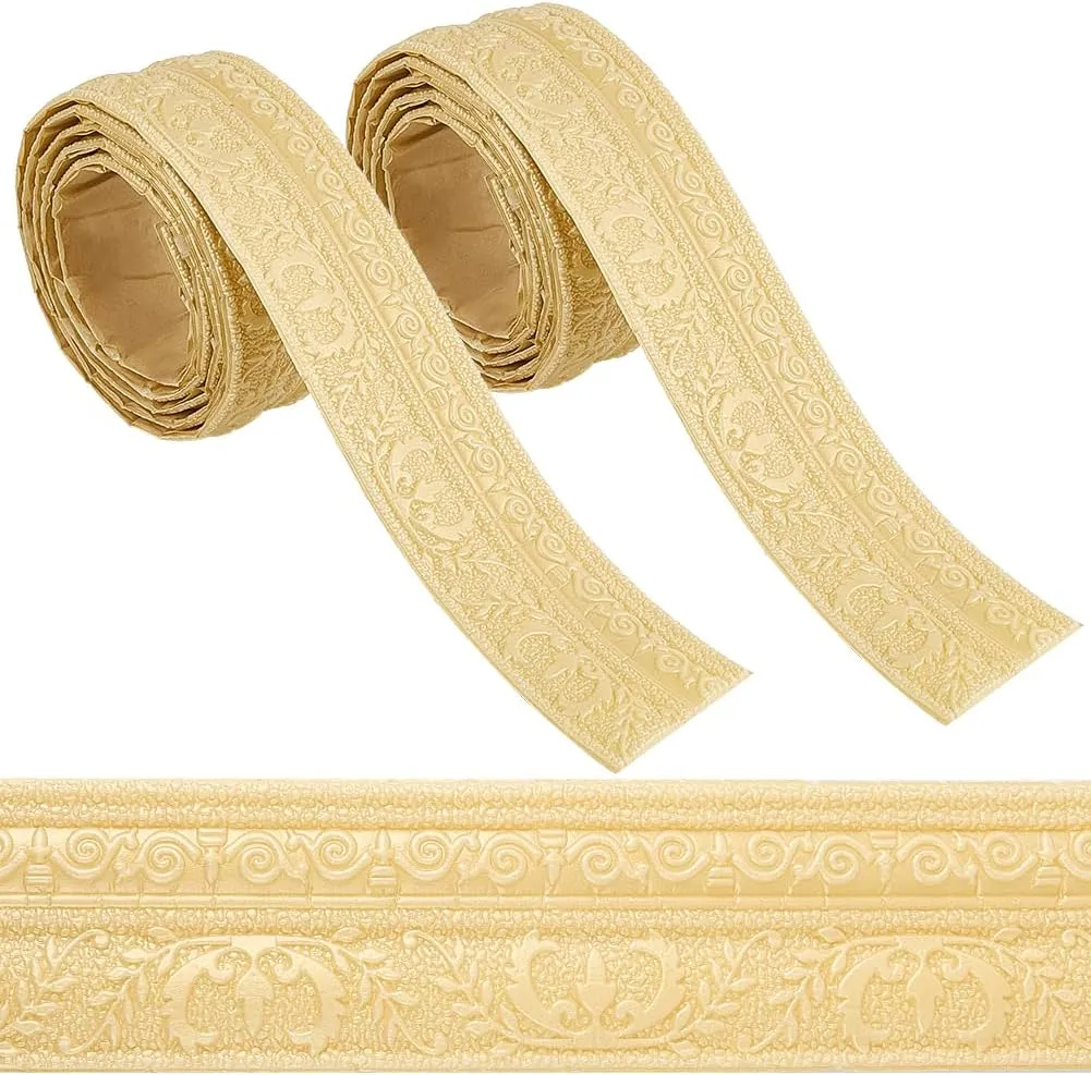 GORGECFAFT 2 Rolls 91x3 Inch Moccasin Flexible Mirror Wall Base Edging Frame Lines Peel and Stick Crown Molding Baseboard Trim Self Adhesive Foam 3D Wallpaper Border for Home DIY Furniture Decor