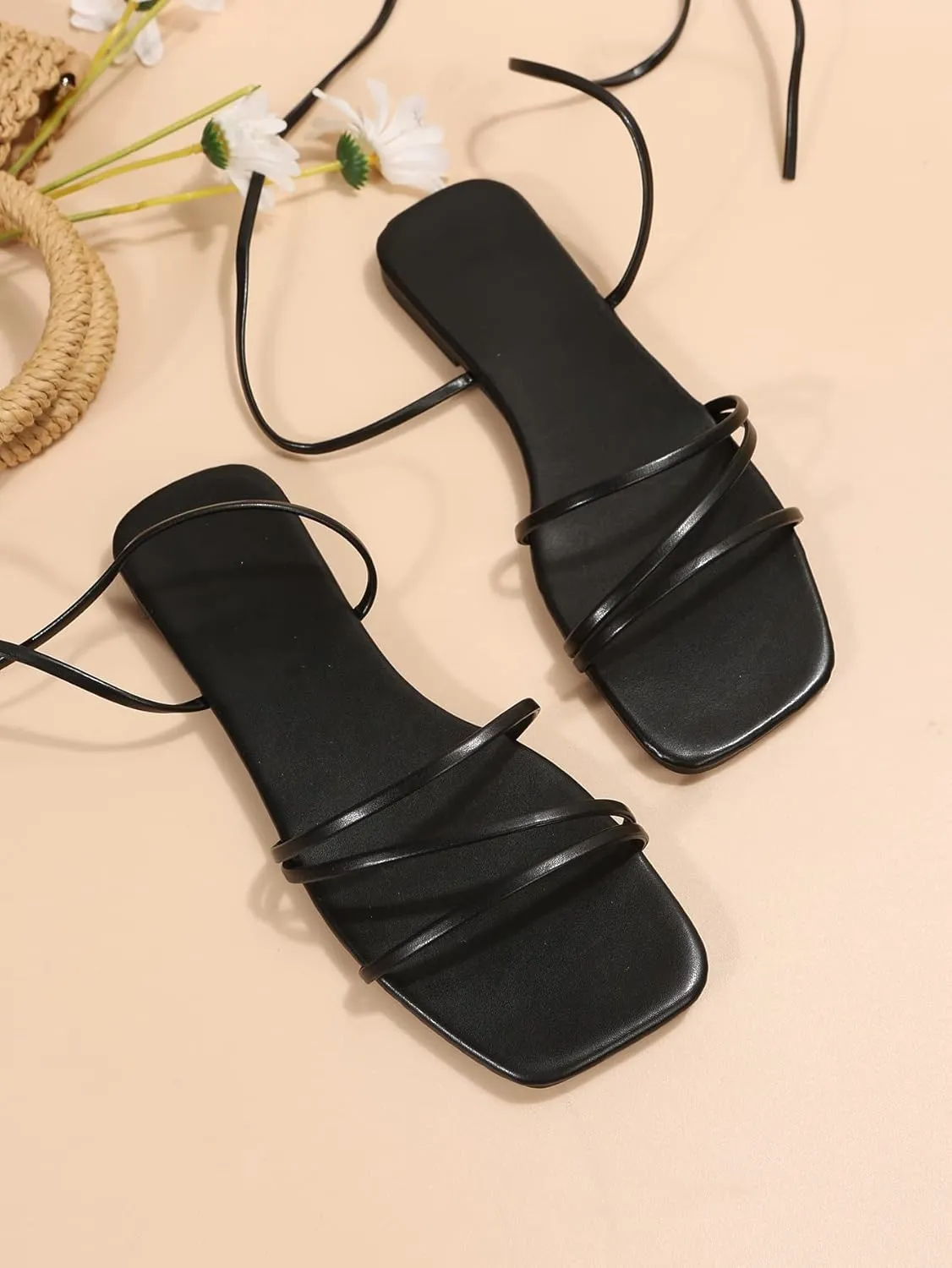 GORGLITTER Women's Lace Up Flat Sandals Dressy Strappy Gladiator Sandals Open Toe Summer Beach Slides