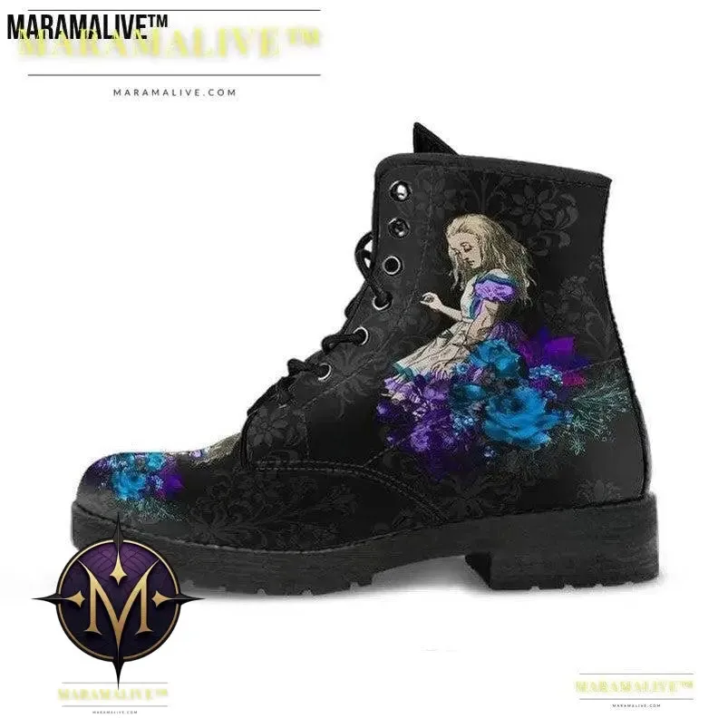 Gothic Print Vegan Leather Combat Boots