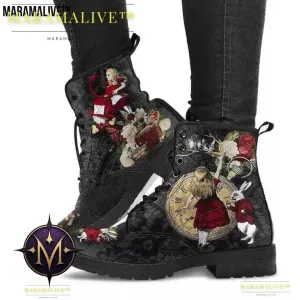 Gothic Print Vegan Leather Combat Boots