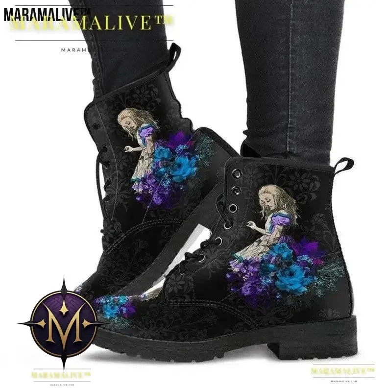 Gothic Print Vegan Leather Combat Boots