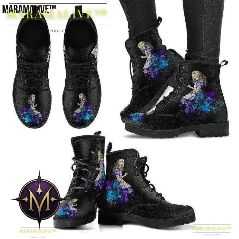 Gothic Print Vegan Leather Combat Boots