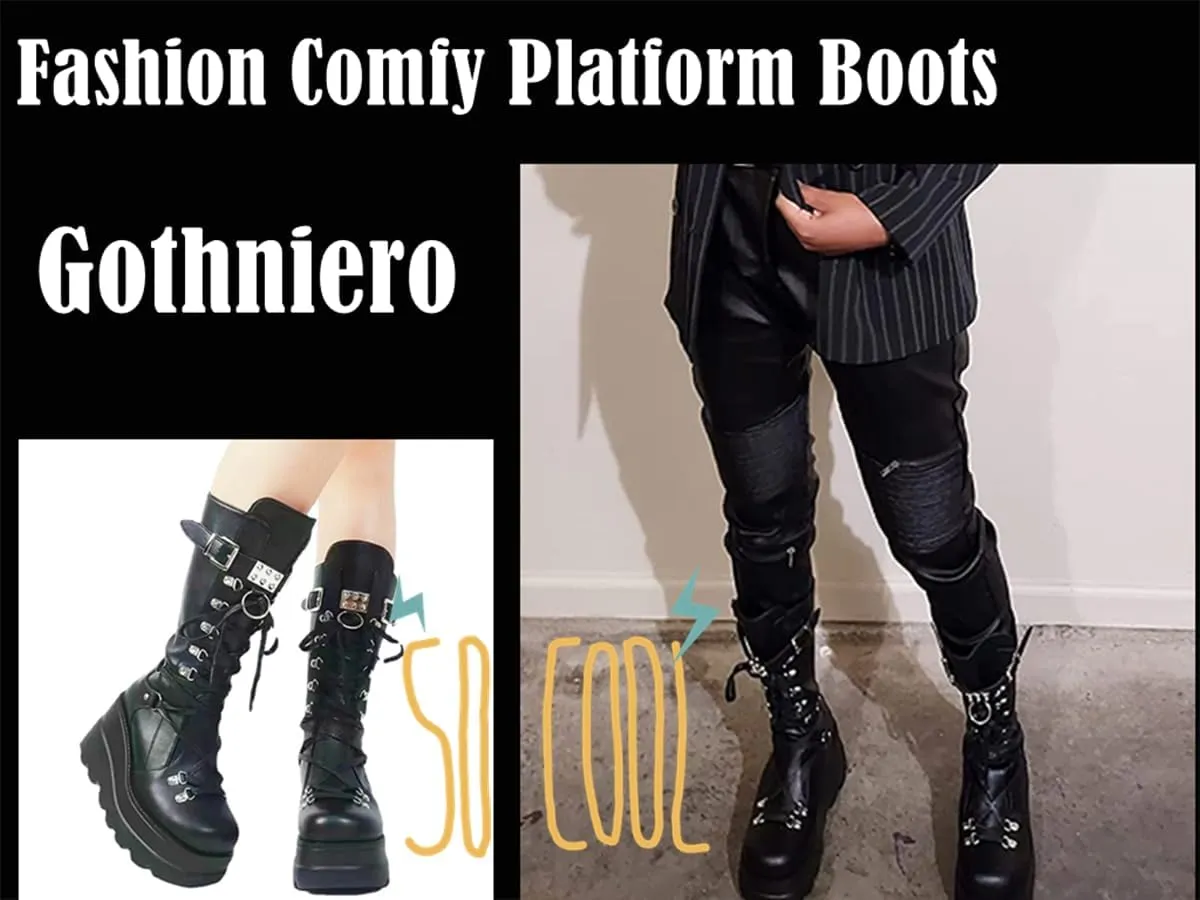 Gothniero Women Black Platform Goth Boots Mid Calf with Heel Knee High Boots Winter Chunky Heel Punk Rave Boots Girls Lace Up Combat Booties Size 5.5-11