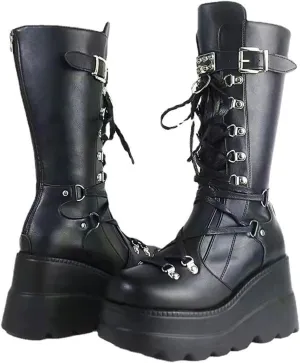 Gothniero Women Black Platform Goth Boots Mid Calf with Heel Knee High Boots Winter Chunky Heel Punk Rave Boots Girls Lace Up Combat Booties Size 5.5-11