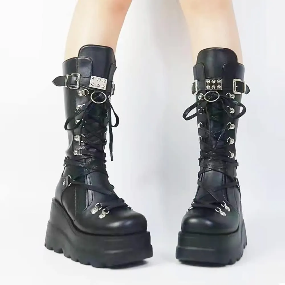 Gothniero Women Black Platform Goth Boots Mid Calf with Heel Knee High Boots Winter Chunky Heel Punk Rave Boots Girls Lace Up Combat Booties Size 5.5-11