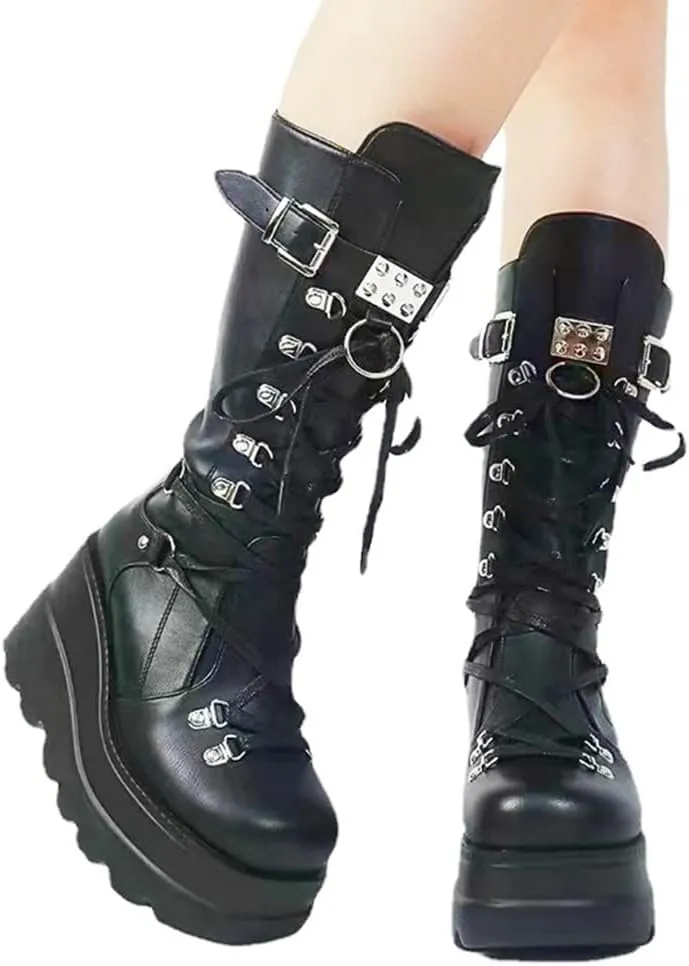 Gothniero Women Black Platform Goth Boots Mid Calf with Heel Knee High Boots Winter Chunky Heel Punk Rave Boots Girls Lace Up Combat Booties Size 5.5-11