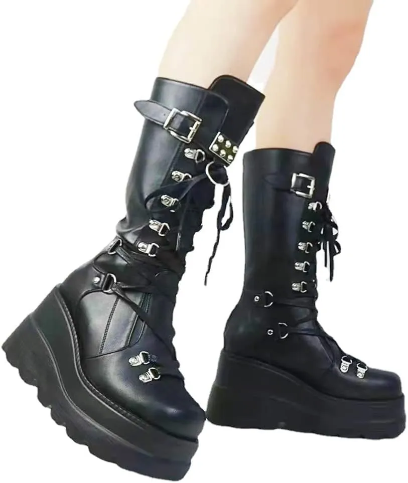 Gothniero Women Black Platform Goth Boots Mid Calf with Heel Knee High Boots Winter Chunky Heel Punk Rave Boots Girls Lace Up Combat Booties Size 5.5-11