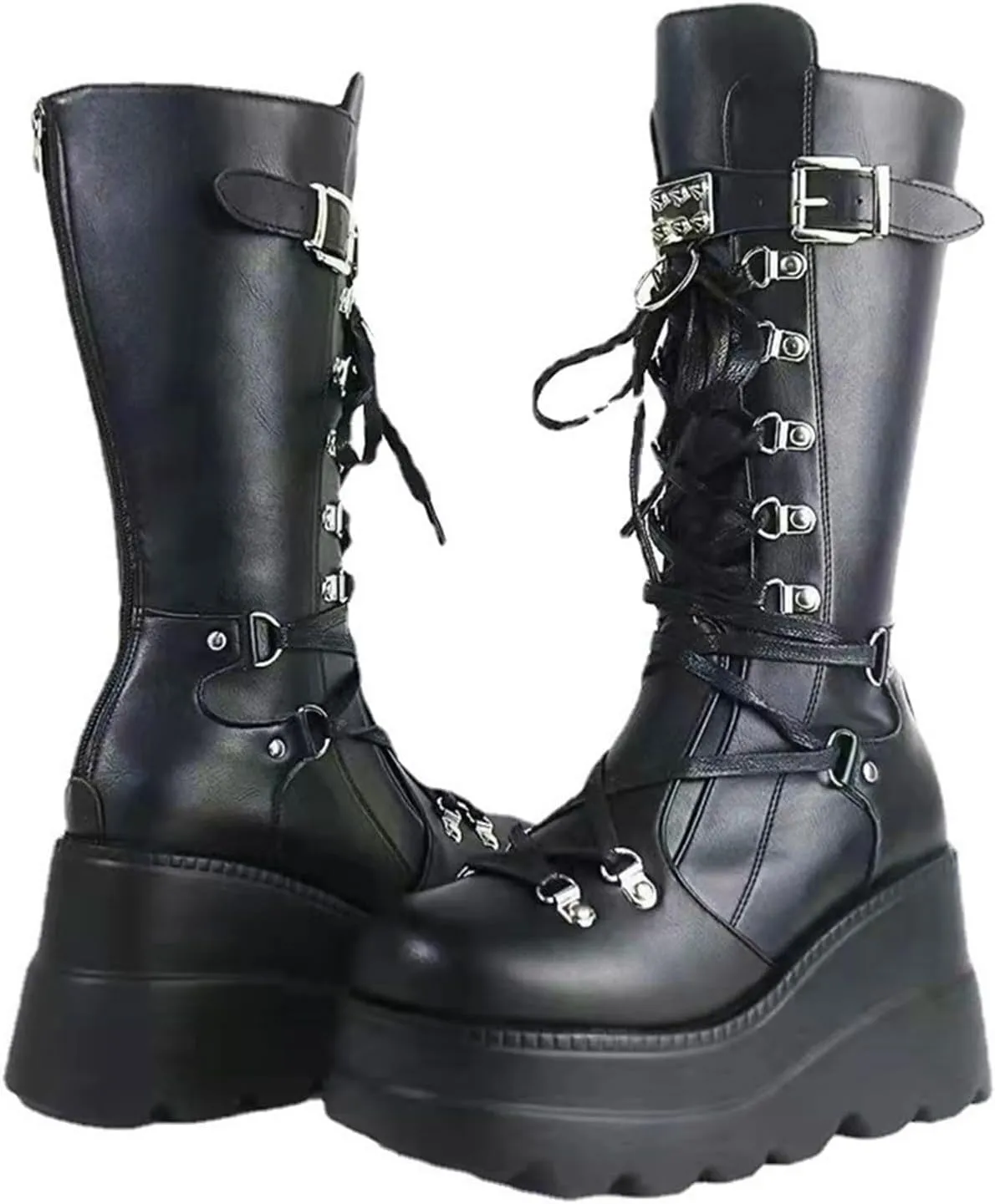 Gothniero Women Black Platform Goth Boots Mid Calf with Heel Knee High Boots Winter Chunky Heel Punk Rave Boots Girls Lace Up Combat Booties Size 5.5-11